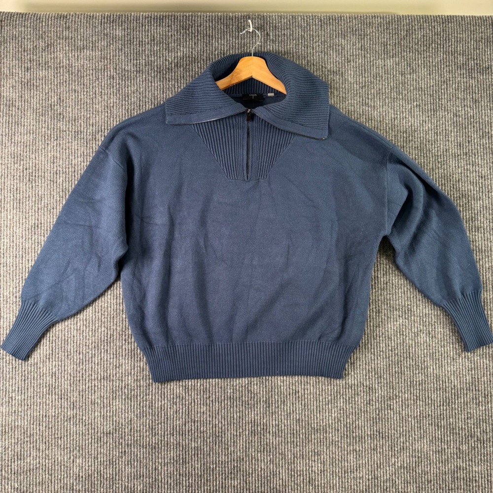 Tahari Womens XL Blue Half‎ Zip Sweater Ribbed Knit Preppy Minimalist Pullover